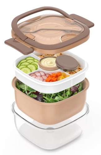 Image of Salad Container with Ice Pack & Handle, 6.8 Cup / 1600ml Large Portable Salad Bowl Lunch Box with Lid, Fork Holder & Sauce Cup, 4-Compartment Removable Tray Meal Prep Bento Box, Brown