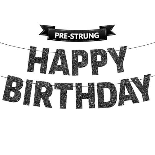 Pre-Strung Happy Birthday Banner - NO DIY - Black Glitter Birthday Party Decorations for Men Women Boys Girls - Pre-strung Birthday Sign on 9.8 ft Strands