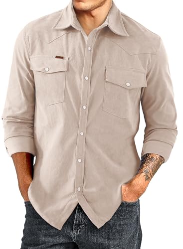 JMIERR Men's Corduroy Shirts - Casual Western Long Sleeve Button