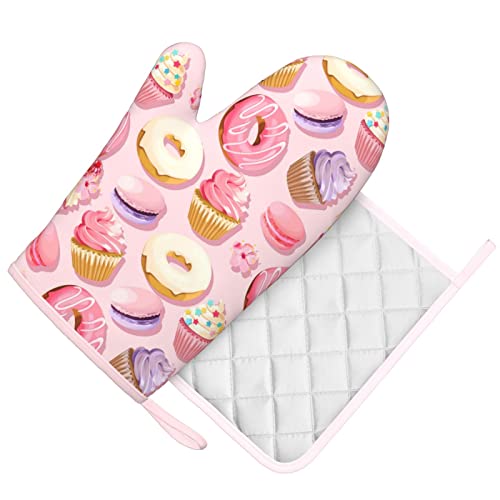 Pink Macaron Cupcakes And Donuts Funny Silicone Oven Mitts And Pot Holders Sets Kitchen Accessories,Resistant Hot Pads With Non-Slip Bbq Gloves For Kitchen,Cooking,Baking,Grilling #TOP1