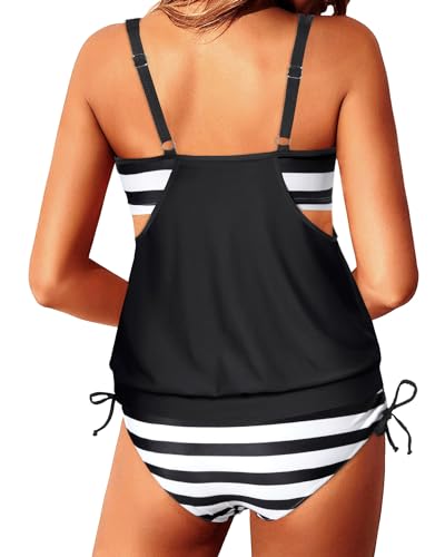 Yonique Tankini Swimsuits for Women Blouson Swim Tops with Bikini Bottoms Athletic Two Piece Bathing Suits Double Up Swimwear Black L - Image 6