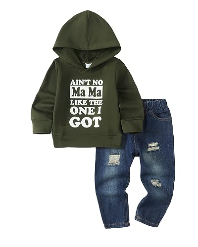 Image of Toddler Boy Clothes Baby Boy Outfit Letter Prints Hoodies Top Ripped Jeans Cute Boys Clothing Set Fall Winter