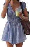 Meiyi station Womens Summer Gingham Rompers V Neck Puff Sleeve Smocked Wide Leg Plaid Shorts Jumpsuits