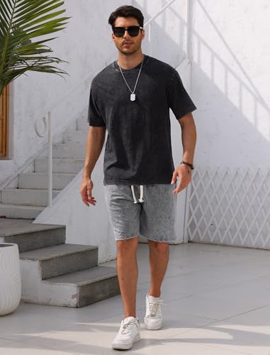 ODIZLI Men's Cotton 2 Pieces Sets Tee Pullover Top T-shirt and Drawstring Shorts with Pockets Casual Outfits4