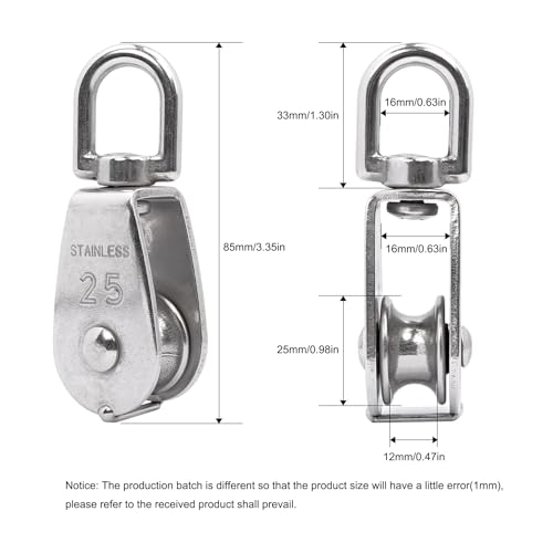 2Pcs M25 Single Pulley Block 304 Stainless Steel Swivel Cable Pulleys for Lifting/Hanging, Heavy Duty Rope Single Wheel Kit, Max-Load 150kg/330lbs - Image 2