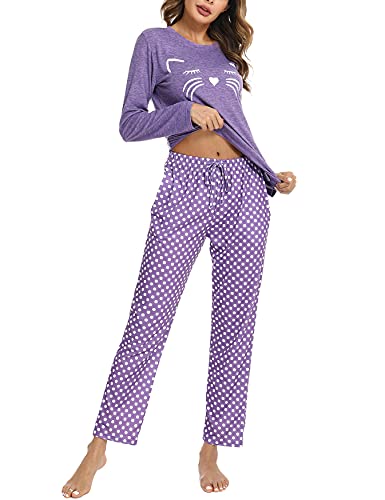 Uniexcosm Pijamas Mujer Gato de Manga Larga Algodon - Ropa de Casa Dormir Estampado Cuello Redondo 2 Piezas Suave para Casual - Púrpura S