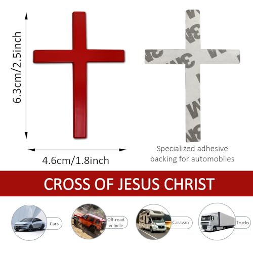 Image of 2PCS Metal Jesus Christ Cross Badge Stickers, Cross Decal, 2.5 inchx1.8 inch 3D Jesus Christ Car Emblem Badge Decal, Self Adhesive Scratch Covering Metal Emblem Decals Fit Car Body Fender Tail (Red)