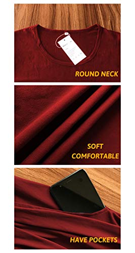 Auselily Women's Long Sleeve Pleated Loose Swing Casual Dress With Pockets Knee Length (L, Burgundy) #TOP2