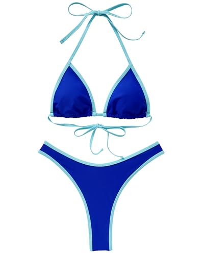 SUUKSESS Women Sexy Thong String Two Piece Bikini Sets Triangle Cheeky Halter Swimsuits Color Block Bathing Suits(Blue Color Block,L)