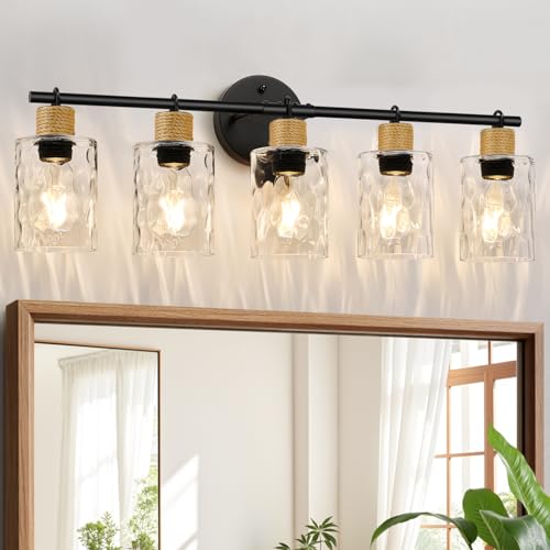 Image of MOKATNG Bathroom Light Fixtures, 5-Light Coastal Vanity Lights with Crystal Glass Shade, Black Bathroom Wall Lamp for Mirror Kitchen Hallway Cabinet