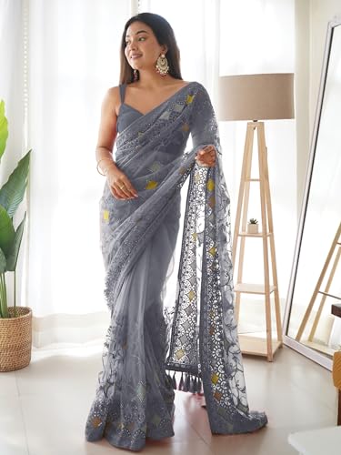 Image of AKHILAM Women's Net Woven Design Saree With Unstitched Blouse Piece (AAVYA701 HV-Parent)