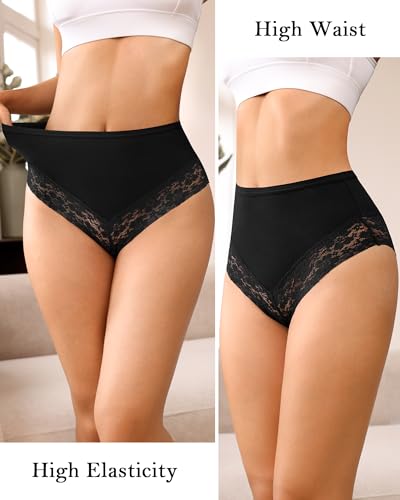 OLIKEME Womens High Waisted Underwear Cotton Bikini Panties Sexy Lace Hispter No Show Soft Stretch Cheeky Panties 3 Pack3