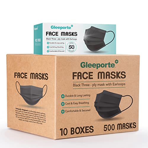 [Pack Of 500] Black Disposable Face Mask, 3-Ply Adult Masks, Facial Cover with Elastic Earloops For...