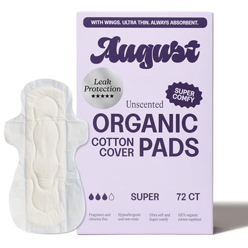 Image of August Super Cotton Menstrual Pads, 72-Pack Ultra Thin Pads with Wings, Hypoallergenic Sanitary Napkins with Organic Cotton Topsheet, Compostable Wrappers, Toxin Free, Fragrance Free