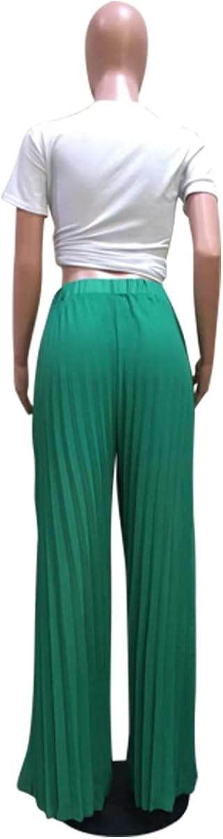 Miniatura 3 de Pantalones plisados elásticos de gasa para mujer cómodos clásicos de talle alto pierna ancha pantalones largos palazzo pantalones de playa