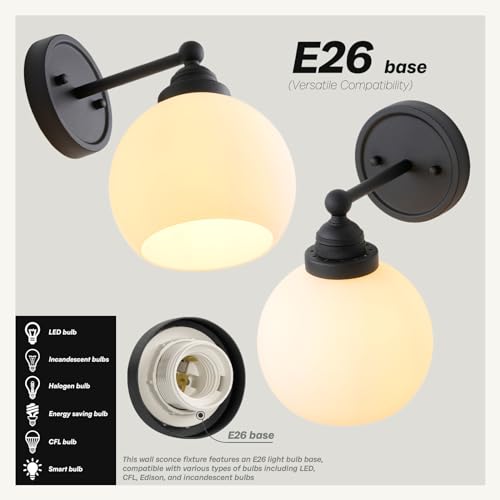 Image of Vintage Globe Glass Wall Sconce Light, Industrial Bathroom Vanity Lighting, Indoor Wall Mounted Lamp Fixture for Bedroom Living Room Hallway, Black, SC-LWT312B1