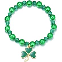 Green Lucky Clover Charm Stretch Beaded Bracelets St Patricks Day Jewelry for Women, 8mm