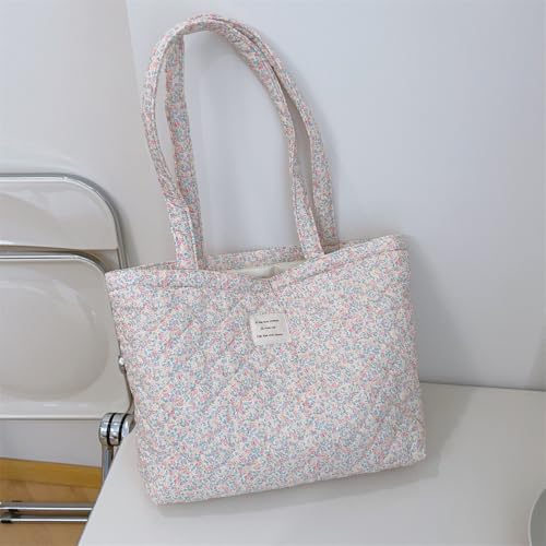Image of Floral Quilted Cotton Shoulder Bag for Women Daily Use Medium Size Handbag Large Capacity Thickened Design Tote