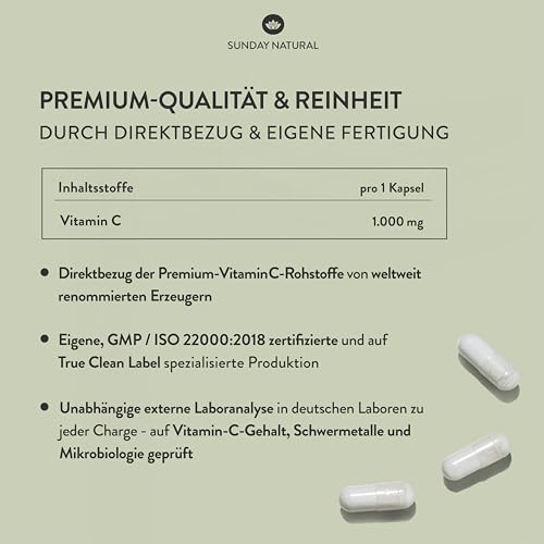 SUNDAY NATURAL® Pure Vitamin C – Reines Vitamin C 1000mg pro Kapsel – Hochwertige Ascorbinsäure mit ≥ 99 % Reinheit - 240 vegane Kapseln – Laborgeprüft, ohne unnötige Zusätze
