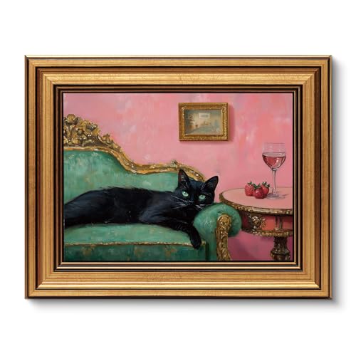 Image of VIYYIEA Vintage Gold Framed Wall Art for Living Room, Black Cat Canvas Prints Home Decor, Oil Painting Picture, Bedroom Wall Decor Gifts for Friends or Family -【Lying Cat】-(10L x 8W)