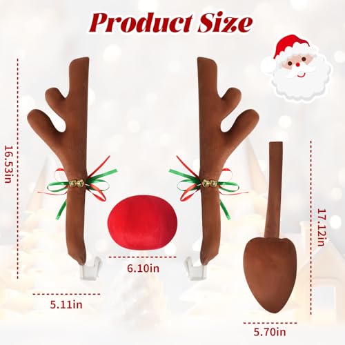 Image of Christmas Car Reindeer Antlers with Red Nose, Tail & Jingle Bells Kit, Vehicle Xmas Decoration Rudolph Reindeer for SUV, Van, Truck