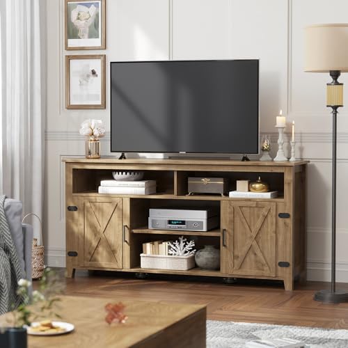 DWVO TV Stands for 65 Inch TV, Farmhouse Entertainment Center with Adjustable Shelf and Barn Door, Media Console Table TV Cabinet for Living Room, 59 Inches, Barnwood