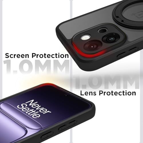 Image of RIGGEAR Shockproof Sleek Hybrid Armor 360 Rotating Magnetic Ring Stand Back Cover Case Compatible with MagSafe Accessories for OnePlus 13s (Clear PC + Black TPU Bumper)