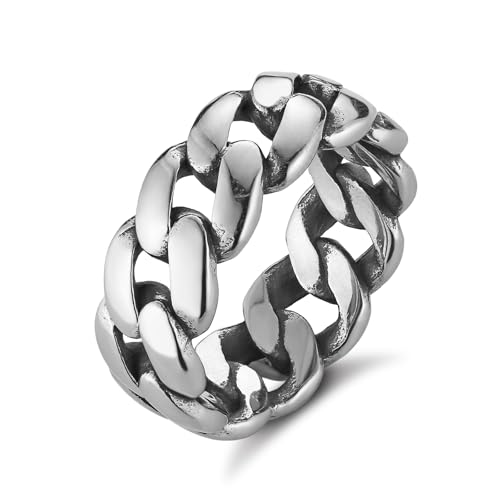 Image of HZMAN Mens Stainless Steel 7mm Wide Band Cuban Link Chain Ring, Silver Gold Black