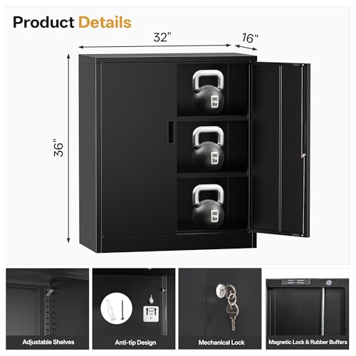 Image of Metal Storage Cabinets, Locking Cabinet with 2 Doors and Shelves, 36 inch H Metal Garage Cabinet for Office, Home, Garage, Warehouse (Black)