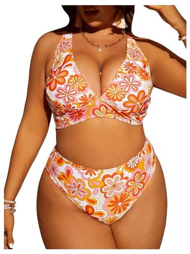 SOLY HUX Women's Plus Size Swimsuit Floral Print High Waisted Bikini Sets Two Piece Bathing Suits