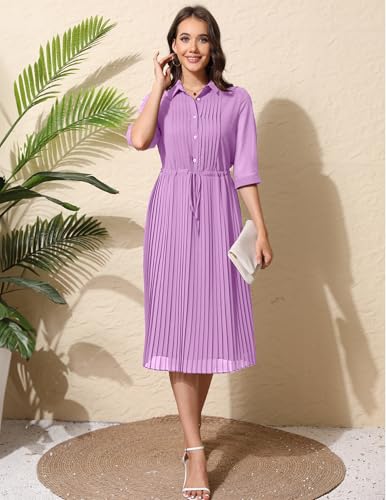Image of Women V Neck 3 /4 Sleeve Pleated A-Line Dress with Belt Swing Midi Dresses for Spring Summer Autumn
