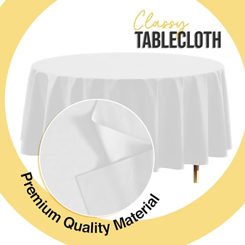 Image of Exquisite 66% Thicker Premium White Round Tablecloths Plastic Table Cloth Disposable 48 Pack 84 inch Round Table Cloth Disposable White Tablecloths Won't Tear Easily Like Cheap Thin Brands | Plastic Tablecloth, Disposable Table Covers Round for Parties, Weddings, Holidays & Party Supplies