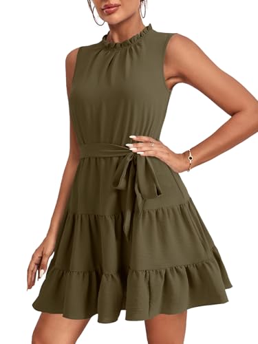 Umenlele Women's Ruched Trim Crewneck Sleeveless Tie Knot High Waist Ruffle Layered Short Dress3