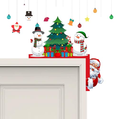 KASESSS Christmas Door Frame Decorations, Wooden Christmas Door Corner Window Decoration, Santa Claus Snowman Tree for Doors Frames with Round Sticker, Cartoon DIY Craft for christmas Decor Funny