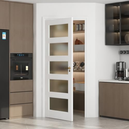 5-Lite Frosted Glass Interior French Door Slab, 32" x 80" Solid Core Wood Panel, for Pantry, Bedroom, Laundry & Bathroom, White Prefinished Paintable, White