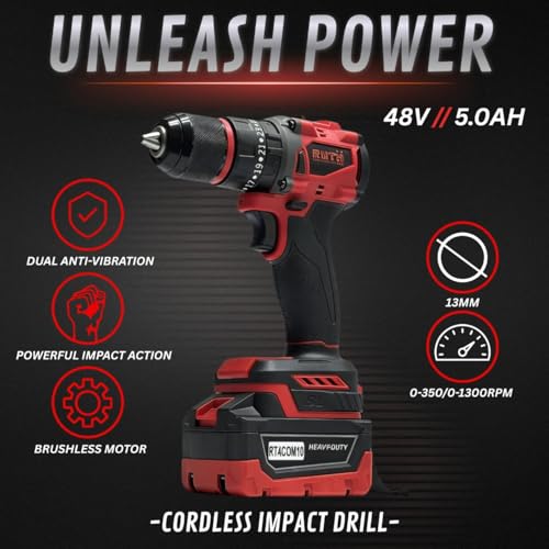 Image of RUTH Cordless Power Tool Combo Kit, 4-Tool Brushless Set: 10mm Drill, Angle Grinder, 1 /2 inch Impact Wrench, Rotary Hammer | 4x5.0Ah Lithium Batteries & Fast Charger
