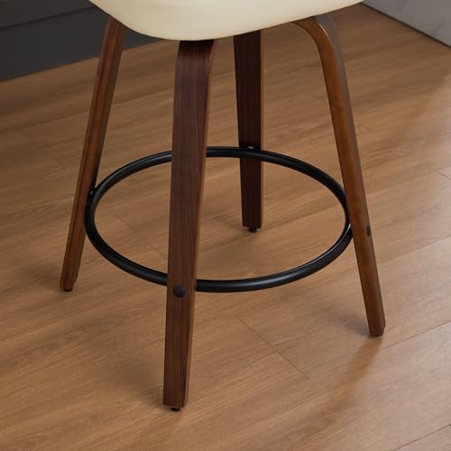 Image of YaFiti Swivel Bar Stools Set of 4, 26 inch Upholstered Faux Leather Counter Height Barstools with Walnut Back & Bentwood Legs, Mid Century Modern Bar Chairs Island Stools for Kitchen Counter, Beige PU