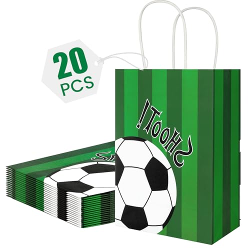 Ethanberg 20Pcs Soccer Party Favor Bags with Handles, Soccer Themed Kraft Paper Gift Bags Candy Bag, Shoot Theme Goodie Bag for Sport Team Ball Events Theme Birthday Party Supplies