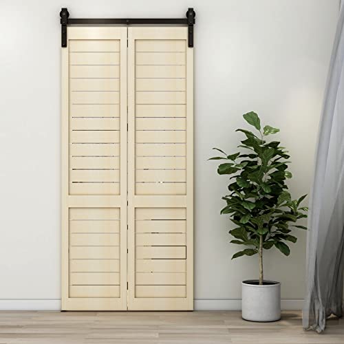 Ccjh 36" Bi-Folding Sliding Barn Door Hardware Kit For 2 Doors,Slide Smoothly Quietly,Black Track J Shape Roller,No Door #TOP7