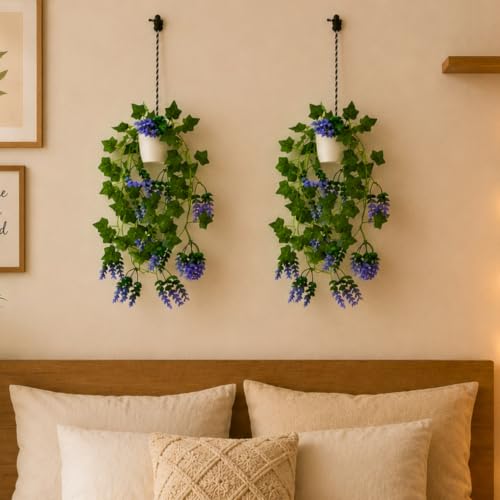 Image of fancymart Artificial Hanging Ivy Plant with White Hanging Pot & Rope, 60 cm Height, Pack of 2, Realistic Green Leaf Creeper for Home, Office, Living Room & Wall Decor