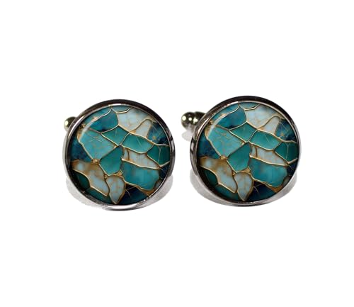 Faux Kintsugi Style Turquoise Gold - Handmade ROUND Glass Metal Cuff LInks Cufflinks Gift for Him Dad (Gunmetal Black)