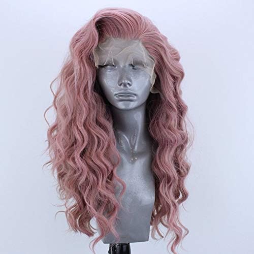 Long Curly Wavy Pink Wig Beautiful Loose Curl Synthetic Lace Front Wigs for Women Heat Resistant Fiber Hair 24inch