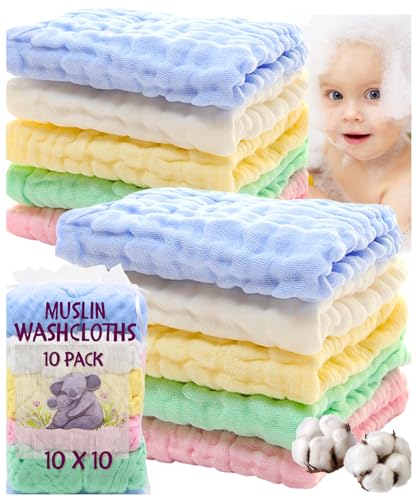 Image of Baby Muslin Washcloths Burp Cloths Rags Towels Large Newborn Essentials Baby Registry Search 100% Cotton 6 Layered Muslin 10 Pack 12"x12" for Boys & Girls Gift Set by La Belle Beeno