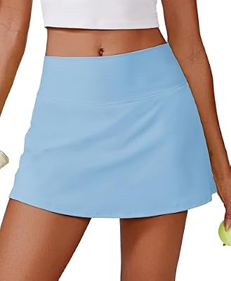 PINSPARK Womens Athletic Skirt High Waisted Mini Tennis Skorts with Pockets Solid Running Skirt Golf Workout Skater, Light Blue Medium