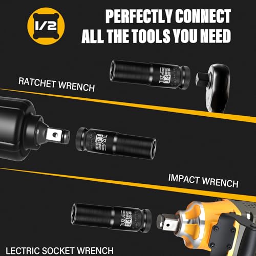Image of 1 /2 Inch Drive 14mm Deep Metric Impact Socket,CR-MO,6 Point Radius Corner Design,Square Chamfered Opening,Axle Nut Impact Grade Socket for Easy Removal