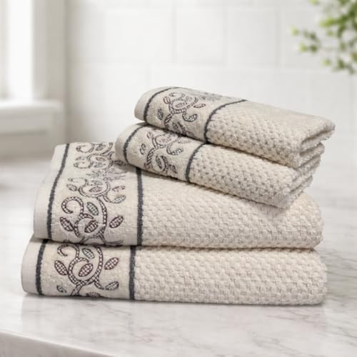 Image of SENSES By Riba Cotton Embroidered Towel Set, 550 GSM Soft & Absorbent, Antimicrobial, Oeko-Tex Certified | Ideal for Home & Gifting, Pack of 4 (2 Bath 27 inchX50 inch + 2 Hand Towels 16 inchX26 inch) - Style 21