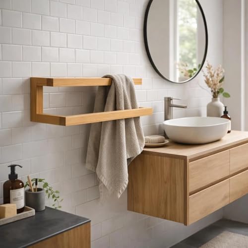 Image of Wooden Wall Shelves with Towel Holder, Wall-Mounted Bathroom Storage Rack, Wooden Shelves and Wooden Towel Stand Shelves for Bathroom Towel Stand Bathroom Shelves (Only Towel Holder)