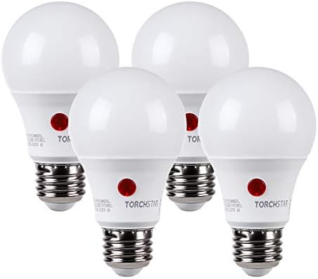 TORCHSTAR Dusk to Dawn Light Bulbs Outdoor, Sensor A19 LED Light Bulb, Auto on/Off Photocell Automatic for Outdoor Lighting, 5000K, Pack of 4