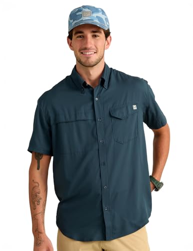 HUK Mens Tide Point Solid Short Sleeve Shirt Button Down for Men Sea Storm X-Large