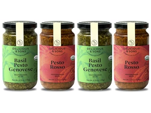 Delicious & Sons - Organic Italian Pesto Genovese Sauce and Pesto Rosso Sauce with Parmigiano Reggiano PDO Cheese 6.70 oz (Pack of 4) - Non-GMO - Gluten-free - Keto - No Added Sugars